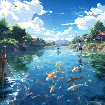 Fish and river in Japanese village in cartoon style, anime style, river and a Japanese village