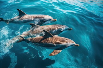 A group of dolphins emerges to play in the middle of the sea.