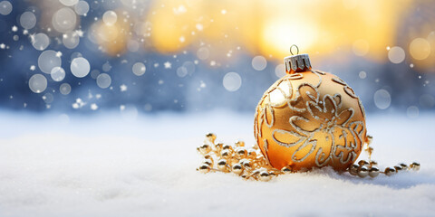 Merry Christmas. Christmas decoration with Gold ball on snow - obrazy, fototapety, plakaty