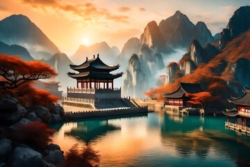 chinese temple at sunset - obrazy, fototapety, plakaty