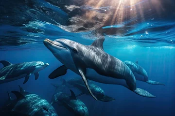 Schilderijen op glas A group of dolphins emerges to play in the middle of the sea. © ORG