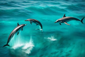 A playful group of marine dolphanes swimming underwater in the ocean.