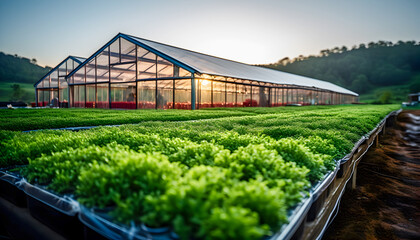 Agricultural industrial greenhouse.  Growing vegetables and greens. - obrazy, fototapety, plakaty