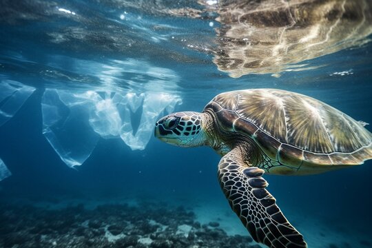 Marine turtle amidst plastic pollution. Generative AI