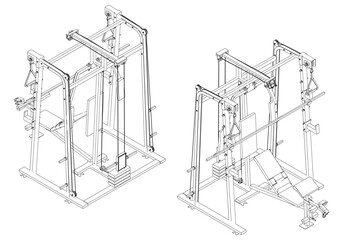 Fitness, cardio, and muscle building machines, equipments set at gym. Workout and training concept. Vector illustration.