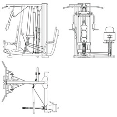 Fitness, cardio, and muscle building machines, equipments set at gym. Workout and training concept. Vector illustration.