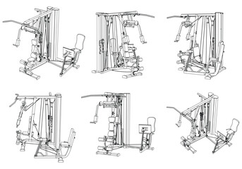 Gym equipment on white background vector illustration. Different fitness equipment for muscle building. Workout and training concept.