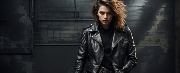 Beautiful supermodel in leather jacket, against rusty and grunge retro background. Minimal abstract fashion and music concept. With copy space. - obrazy, fototapety, plakaty
