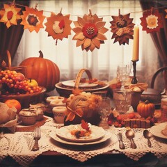 Thanksgiving table adorned with homemade decorations