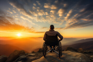 Obraz premium Disabled handicapped man is sitting on wheelchair at sunset.