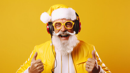 Nightclub invite on christmas party celebration funky crazy santa claus dj in white headset sing song sound melody listen music dance wear stylish x - mas hat suspenders isolated yellow color backgrou
