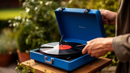 man enjoying vintage music: vinyl record on blue portable turntable