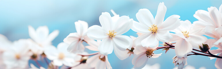 Beautiful spring border, blooming flowers on a blue background. 