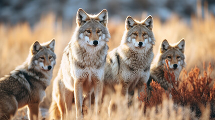 Group of coyotes in the wild close up - obrazy, fototapety, plakaty