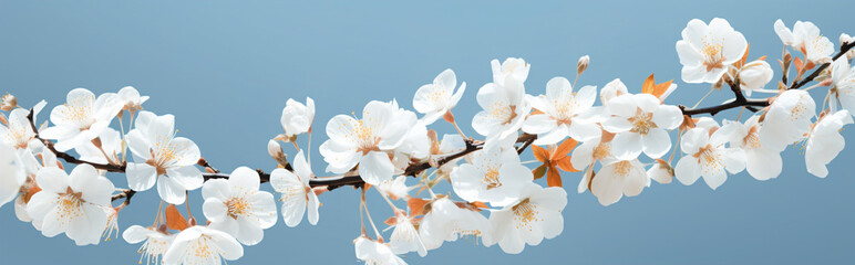 Beautiful spring border, blooming flowers on a blue background.  - Powered by Adobe
