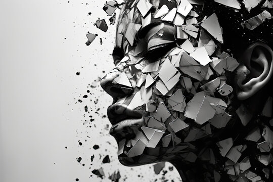 Fractured Sanity: Surreal Black and White Illustration Featuring a Shattered Head and Face, Conveying Depression, Loneliness, Sadness, and Anxiety – Generative AI