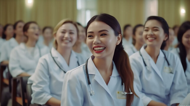 Smiling Cheerful A Female Medical Personnel Sit Relax In Seminar Training Class Group Happiness Positive Face Expression In Education Class Hospital Background, Ai Generative