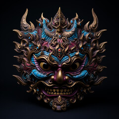 Fototapeta premium Exquisite Japanese Oni Masks: Discover craftsmanship at its peak with Japanese Oni masks—crafted from wood, metal, bone, adorned with gemstones—a testament to artistry.