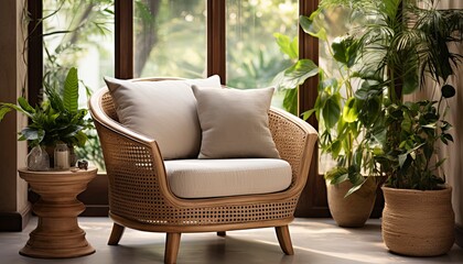 living room with a rattan armchair - obrazy, fototapety, plakaty