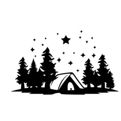 Obraz premium Camping in the Woods under the Moon and Stars, Tent in the Forest, Hand Drawn Vector Illustration