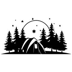 Camping in the Woods under the Moon and Stars, Tent in the Forest, Hand Drawn Vector Illustration