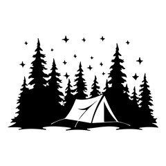 Camping in the Woods under the Moon and Stars, Tent in the Forest, Hand Drawn Vector Illustration