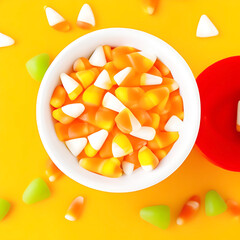Bowl of Candy Corn on an Orange Background with Space for Copy.
