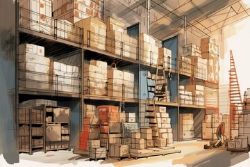 Illustration of a warehouse with sketches of changes and additions. Midjourney. Generative AI - obrazy, fototapety, plakaty