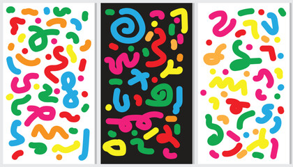 Set of fun colorful line doodle seamless pattern. Creative abstract art background collection for children or festive celebration design. Simple childish scribble wallpaper print texture bundle.