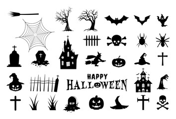 Set of Halloween elements- scary pumpkin, tree, bat, ghost, spider web, witch, gravestone, grave, grass, hand, skeleton head, fence, horror house, broom etc. Halloween elements for posters.