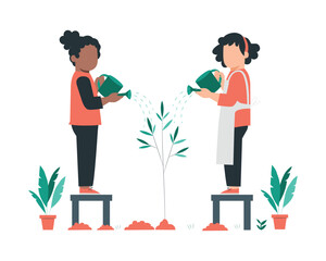 Two women watering plants. Flat vector illustration isolated on white background for sustainability practice conceptual design.