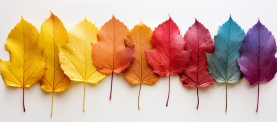 Illustration of a vibrant row of colourful leaves on a pristine white background created with Generative AI technology