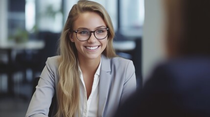 Happy business woman at office meeting. Smiling female hr hiring recruit at job interview - obrazy, fototapety, plakaty