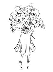 A girl is hugging a huge bouquet of flowers, a woman is hiding behind an armful of roses. Modern fashion sketch, vector outline illustration isolated, stylish vintage graphic.