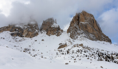 Winter Italy Dolomite mountains covered with snow 