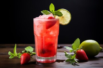 Image of a refreshing cocktail made with strawberries and basil, garnished with lime wedges, placed on a table. Generative AI