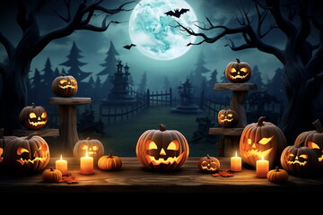 halloween contept with pumkins at night forest