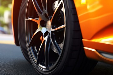 Close-up image of a sport car wheel outdoors. Generative AI