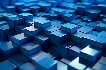 Arranged rectangular tiles on polished wall. Futuristic blue background from blocks. 3D rendering. Generative AI