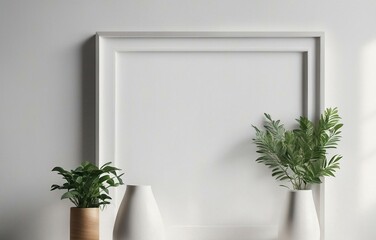 Empty square frame mockup with plants in trendy vases on a white wall. Modern minimalist interior concept