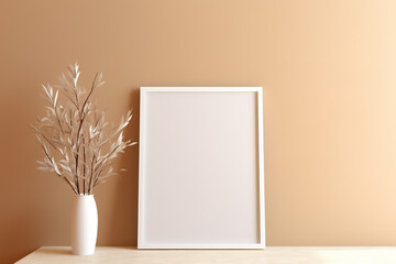 Blank picture vertical frame mockup on a warm orange color wall, boho style, modern, minimalist