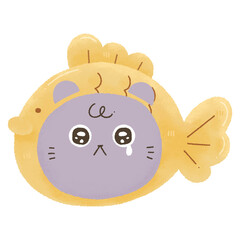 cute Watercolor illustration. Japanese fish-shaped pancakes Dessert with  Taiyaki cat doodle