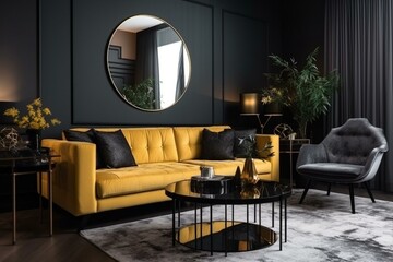 modern living room with fashionable decor. Generative AI - obrazy, fototapety, plakaty