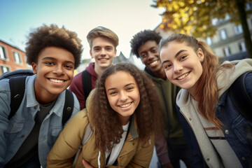 Fototapeta premium Students at the school yard, a multi-ethnic youth group, inclusive learning