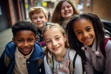 Fototapeta premium Students at the school yard, a diverse group of schoolchildren gathered for an elementary lesson, youthful energy and happiness