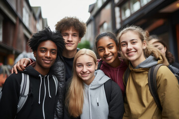 Fototapeta premium Students at the school yard, a multi-ethnic assembly of teenagers,diversity in education