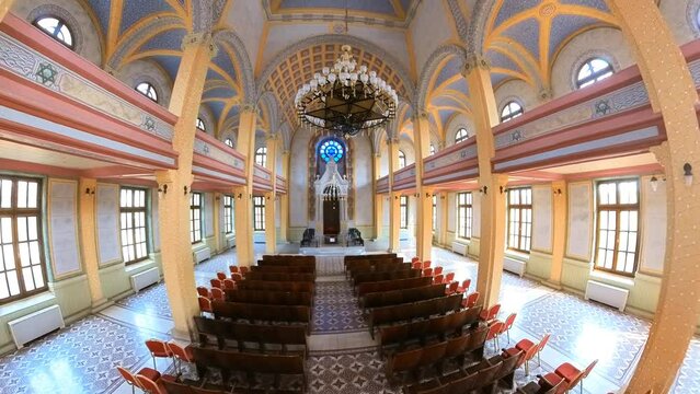 Edirne, Turkey - Aug 9,2023: Grand Synagogue of Edirne, also known as the Great Synagogue. Built in 20th century, synagogue showcases a blend of Moorish, Ottoman, and Art Nouveau architectural styles.