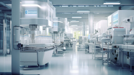 A pharmaceutical packaging facility, with machines filling and labeling medication bottles - obrazy, fototapety, plakaty