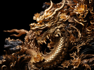 Fototapeta premium Golden Oriental Dragon Statue Adorned with Gilded Flowers. A Symbol of Luck and Prosperity in the Eastern World.