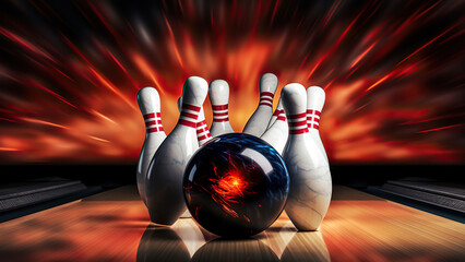 Picture of bowling ball hitting pins scoring a strike. Bowling background.  - obrazy, fototapety, plakaty